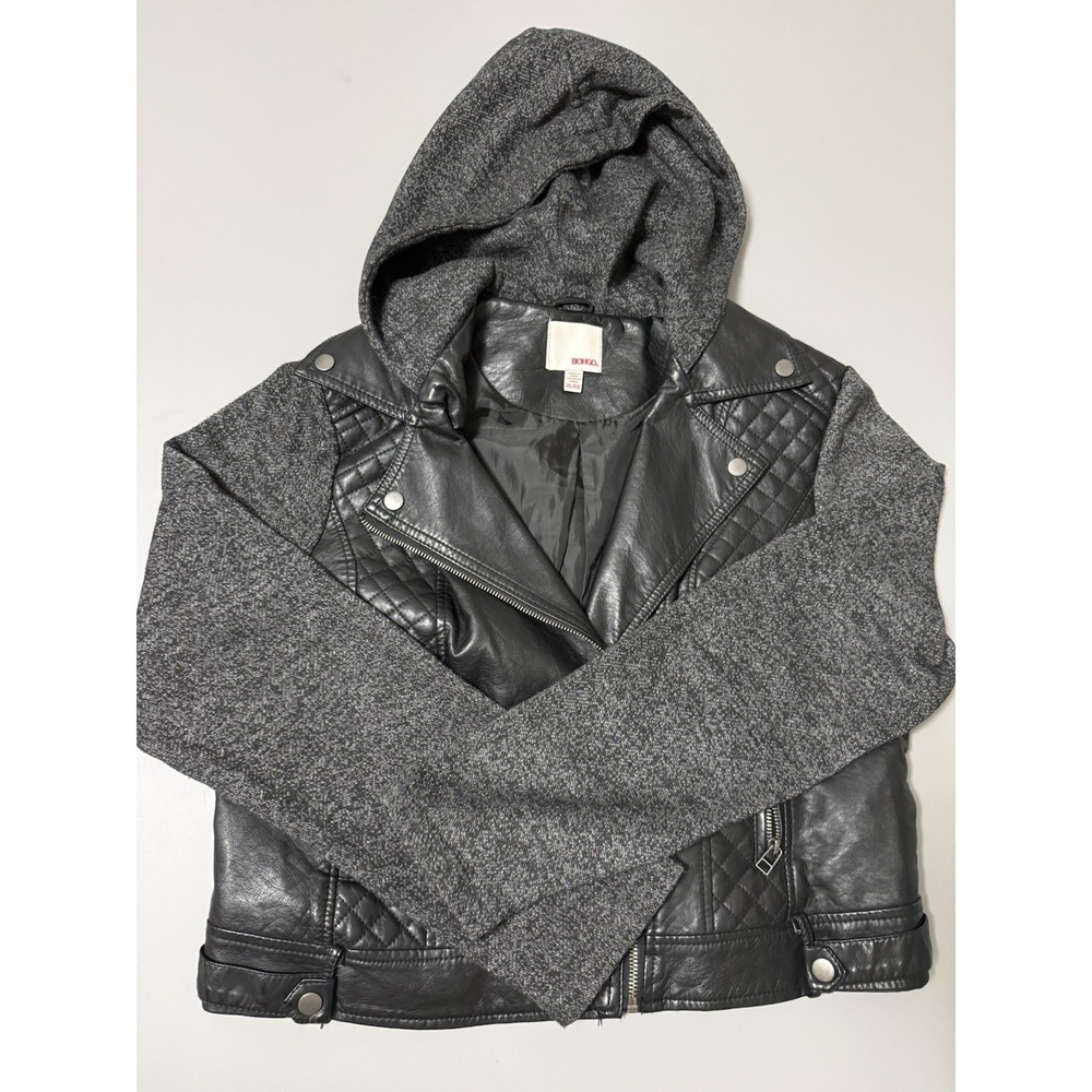 Vintage y2k Bongo Faux Leather Hooded Moto Jacket. Woman's XL. H2